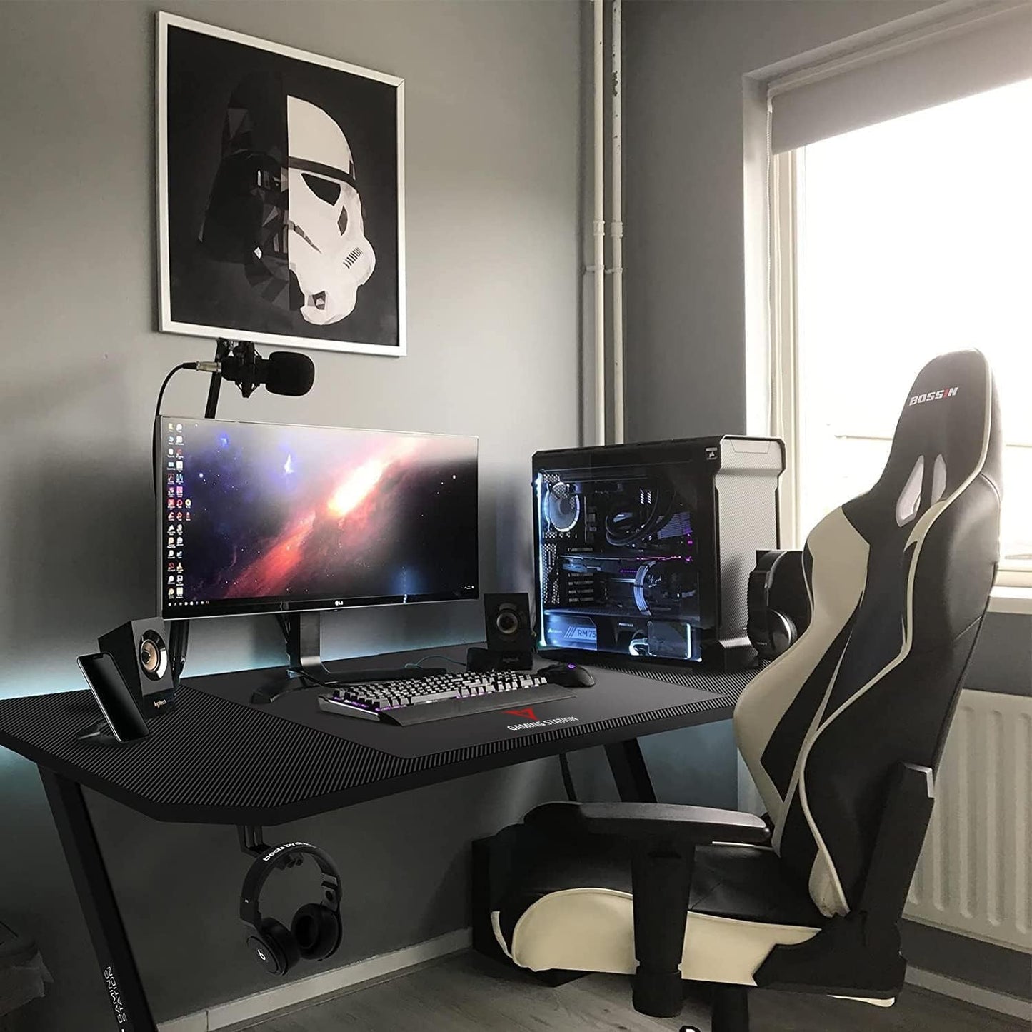 63 Inch Ergonomic Gaming Desk, Z Shaped Office PC Computer Desk with Large Mouse Pad, Gamer Tables Pro with USB Gaming Handle Rack, Stand Cup Holder and Headphone Hook, Black