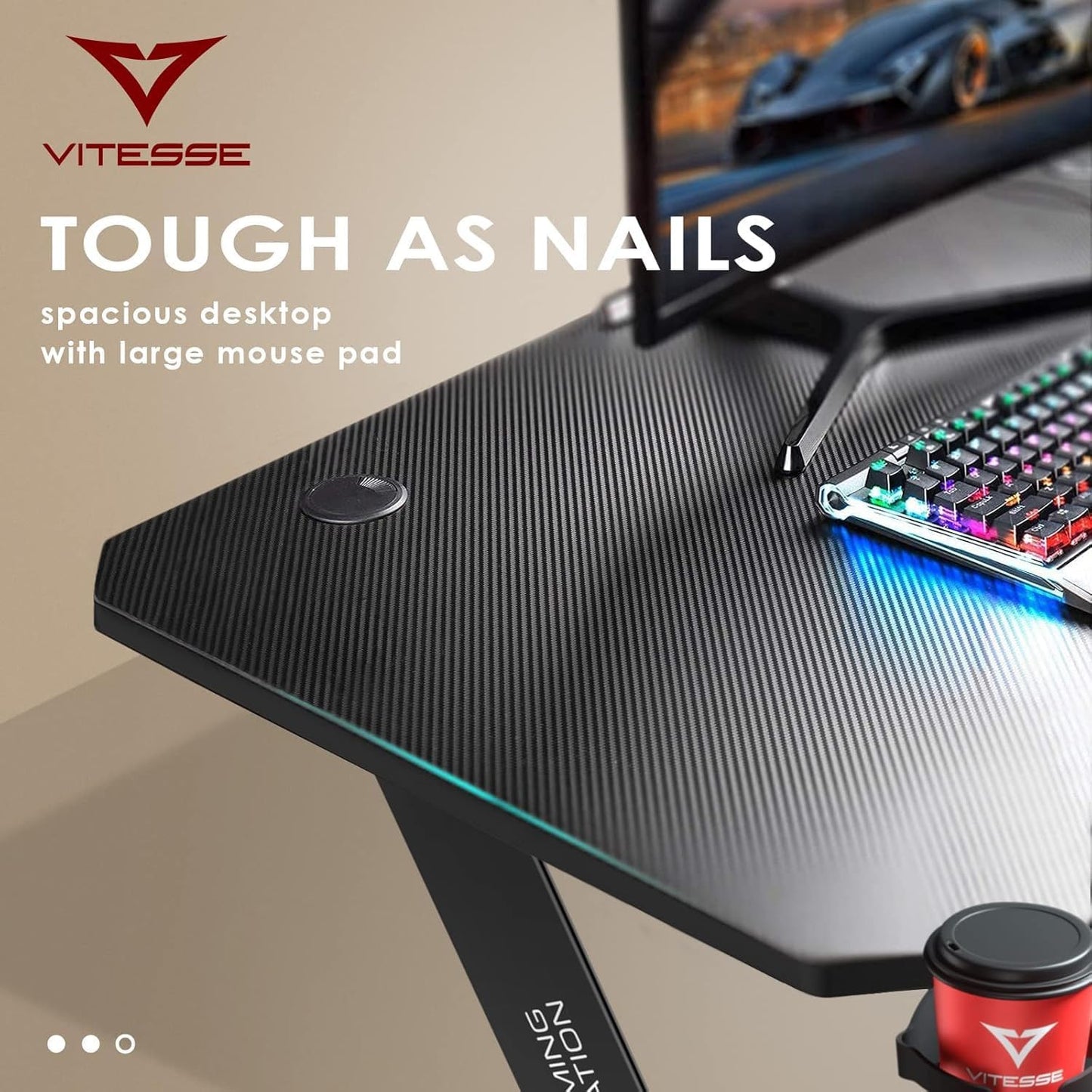 63 Inch Ergonomic Gaming Desk, Z Shaped Office PC Computer Desk with Large Mouse Pad, Gamer Tables Pro with USB Gaming Handle Rack, Stand Cup Holder and Headphone Hook, Black