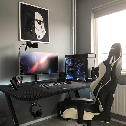 63 Inch Ergonomic Gaming Desk, Z Shaped Office PC Computer Desk with Large Mouse Pad, Gamer Tables Pro with USB Gaming Handle Rack, Stand Cup Holder and Headphone Hook, Black