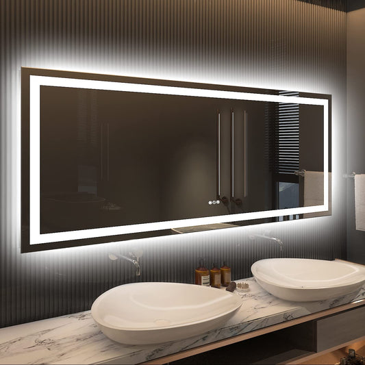 60" X28" LED Bathroom Mirror for Wall, Backlit + Front-Lighted Vanity Mirror, Dimmable Makeup Mirrors, Anti-Fog, Memory, 3 Colors, Shatterproof, ETL Listed