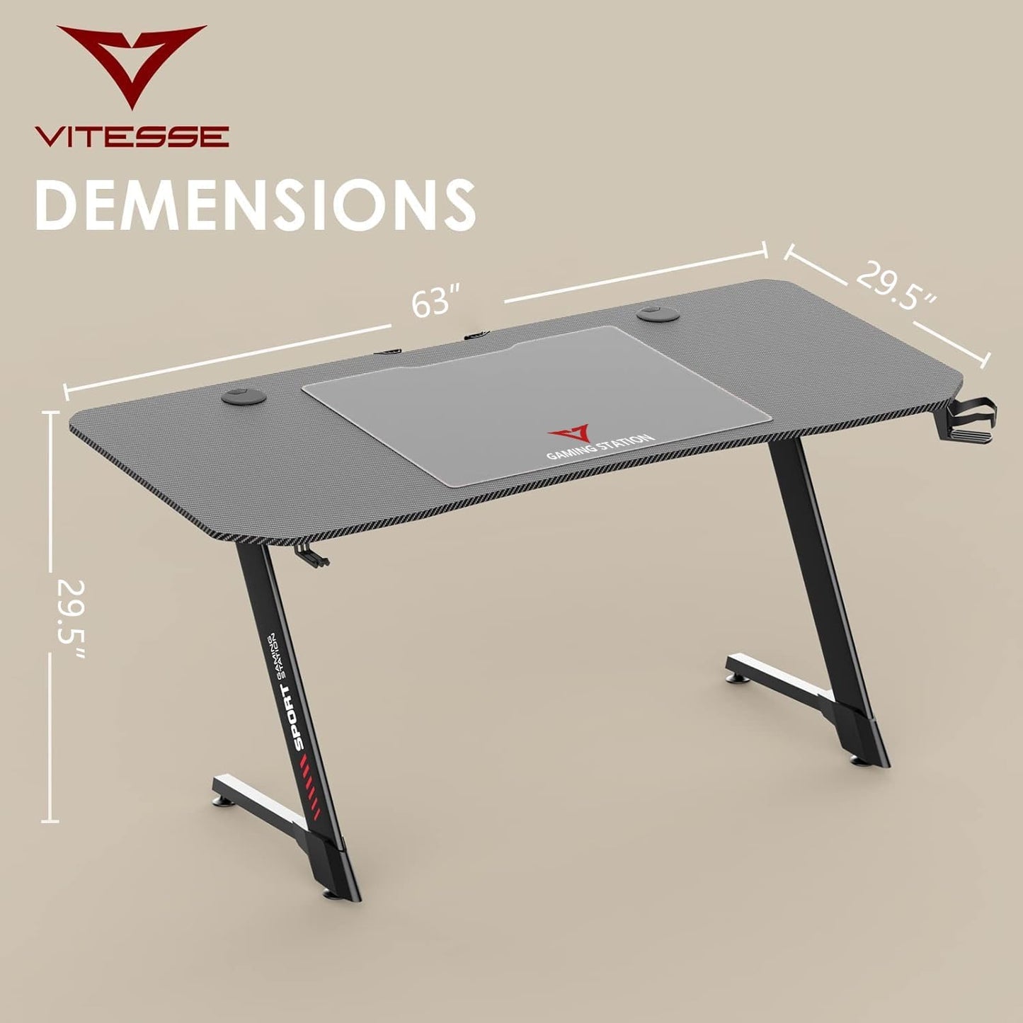 63 Inch Ergonomic Gaming Desk, Z Shaped Office PC Computer Desk with Large Mouse Pad, Gamer Tables Pro with USB Gaming Handle Rack, Stand Cup Holder and Headphone Hook, Black