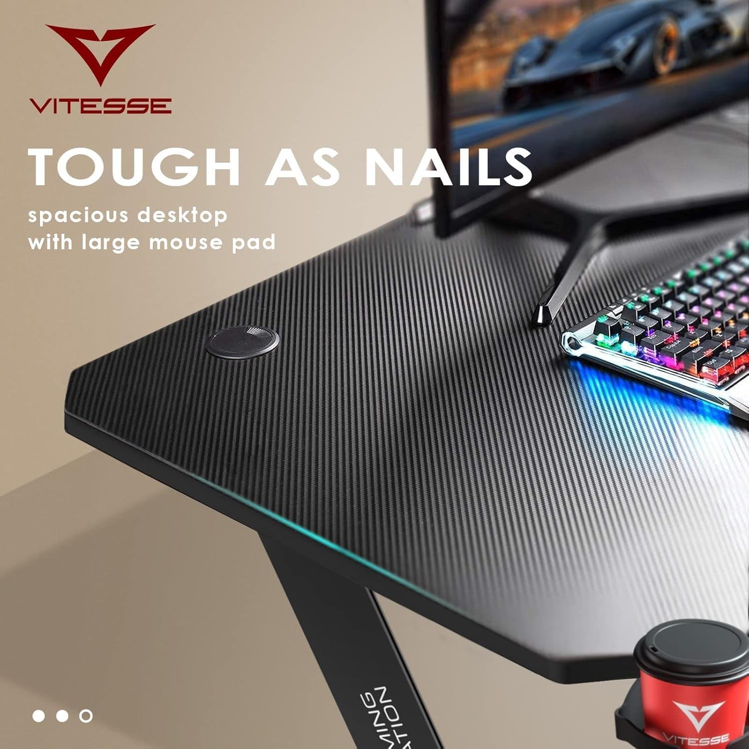 63 Inch Ergonomic Gaming Desk, Z Shaped Office PC Computer Desk with Large Mouse Pad, Gamer Tables Pro with USB Gaming Handle Rack, Stand Cup Holder and Headphone Hook, Black